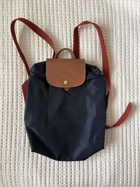 Longchamp Navy and Brown Leather-Trim Mini Backpack with Rust Straps